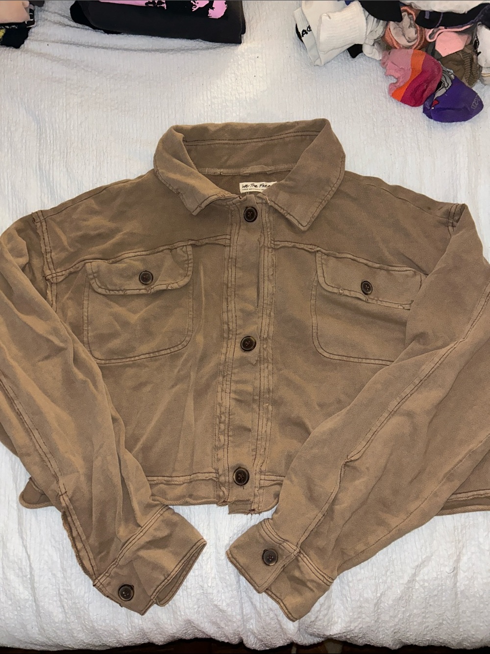 Free People Cropped Button-Front Jacket in Taupe Brown